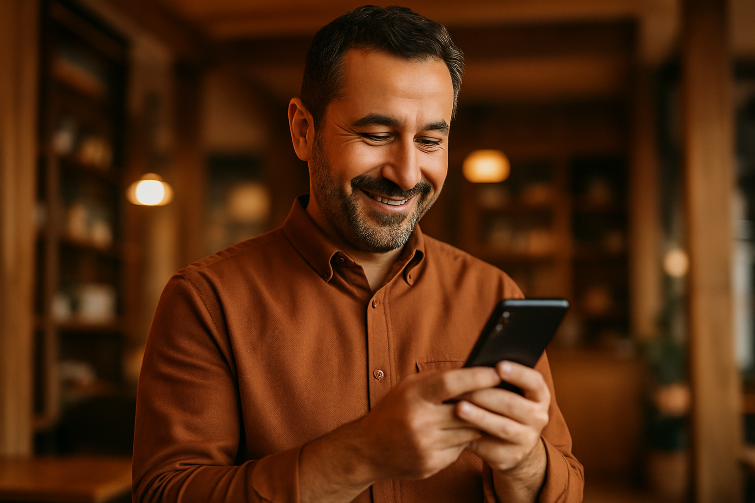 Telefonuna bakan mutlu isletme sahibi
